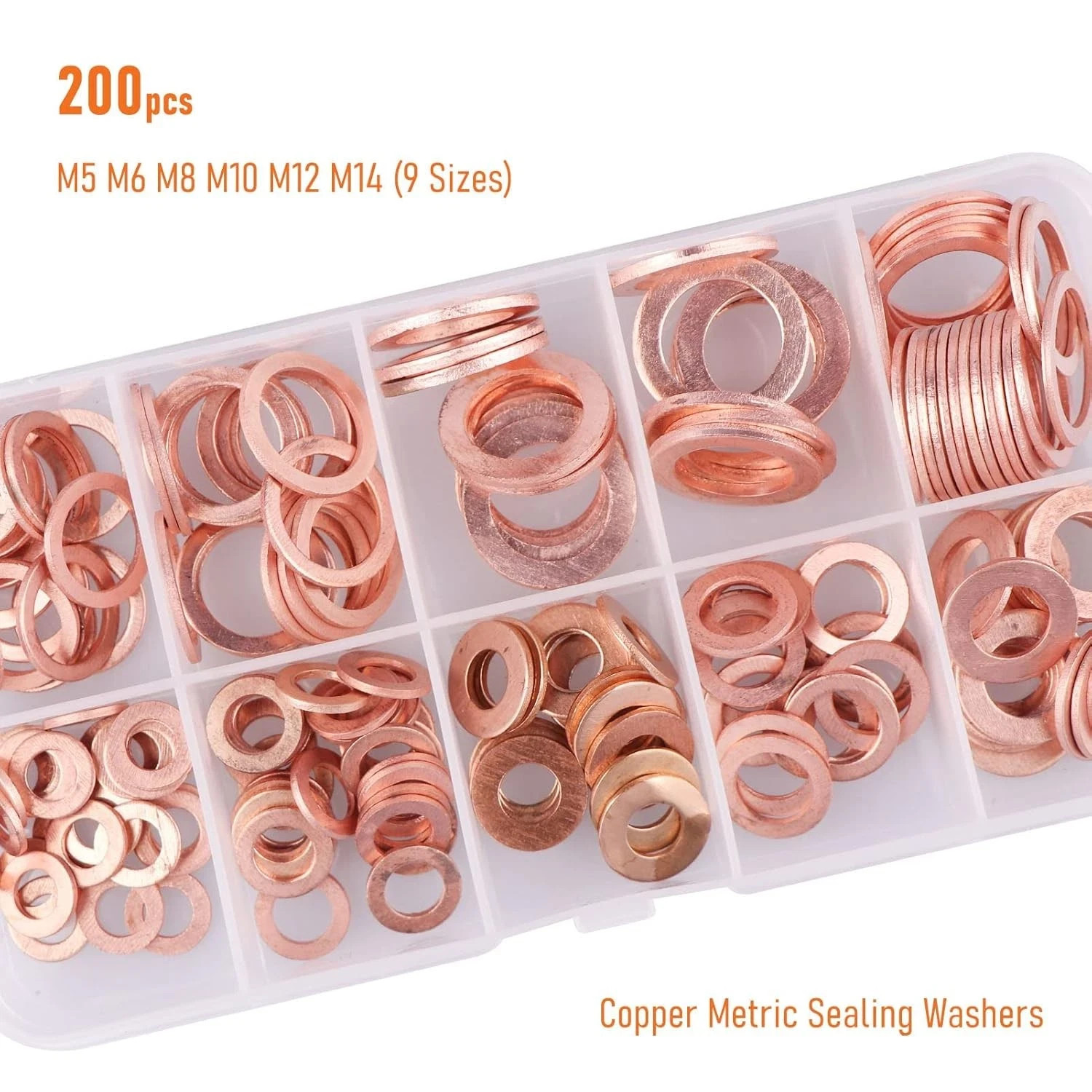 200pcs Copper Crush Washer Kit 9 Size Metric Sealing Oil Drain Plug Banjo M5-M14