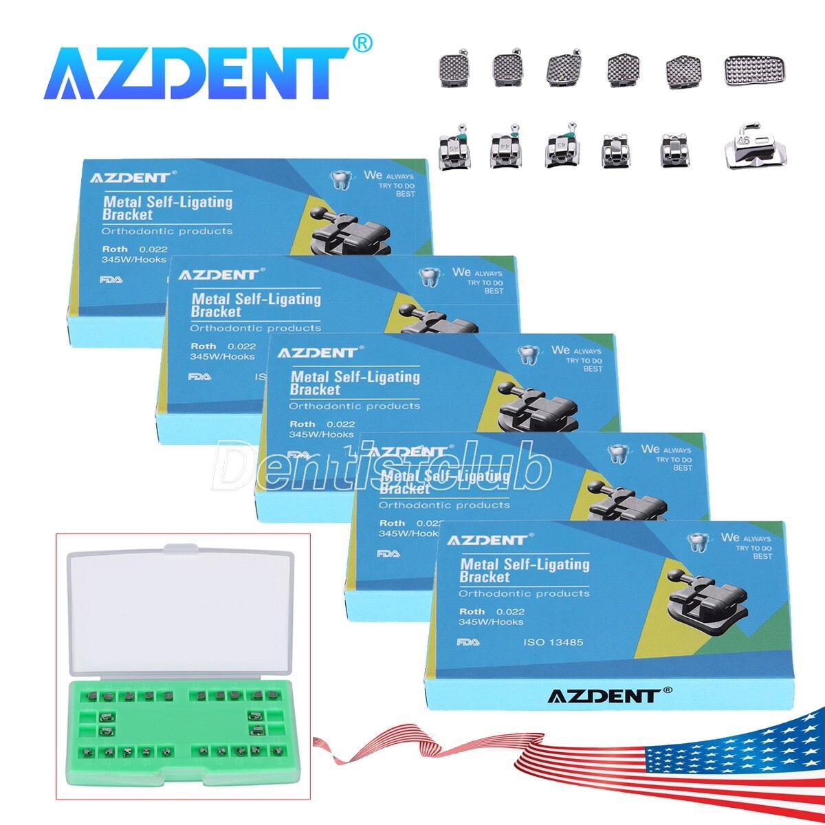 5X AZDENT Dental Orthodontic Self-Ligating Brackets Braces Roth .022 Hook 3 4 5