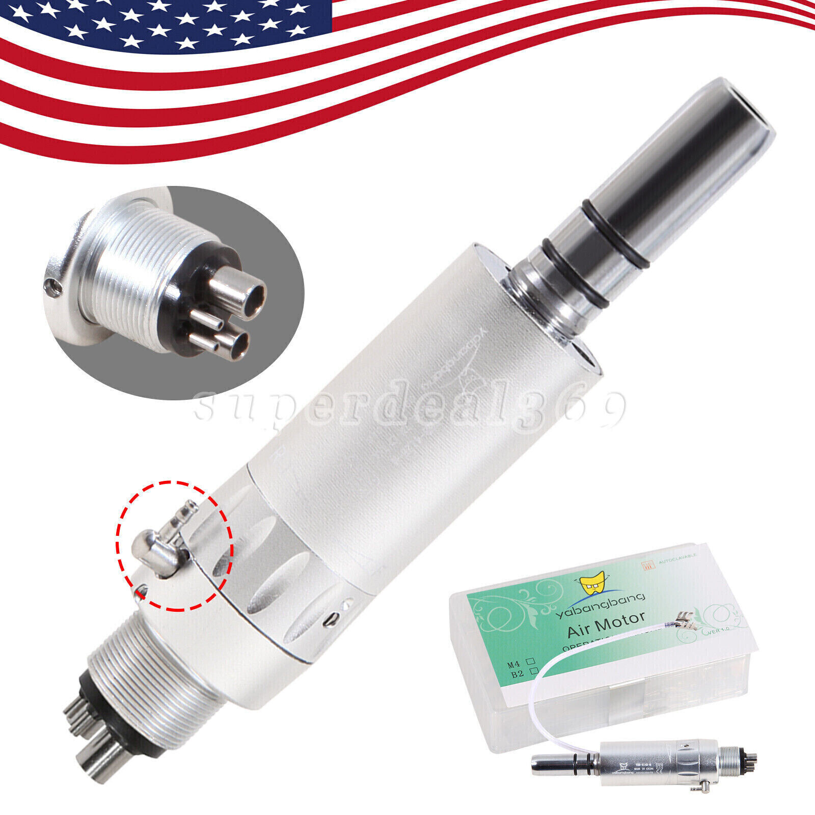 USA Dental Slow Low Speed E-type Air Motor Handpiece 2/4 Hole Midwest silver
