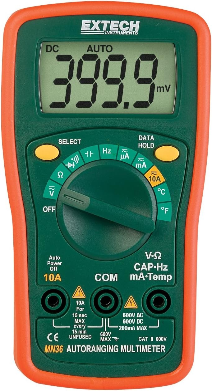 Extech MN36 MiniTec Autoranging Digital Mini Multimeter – 600 V AC/DC, 10 A