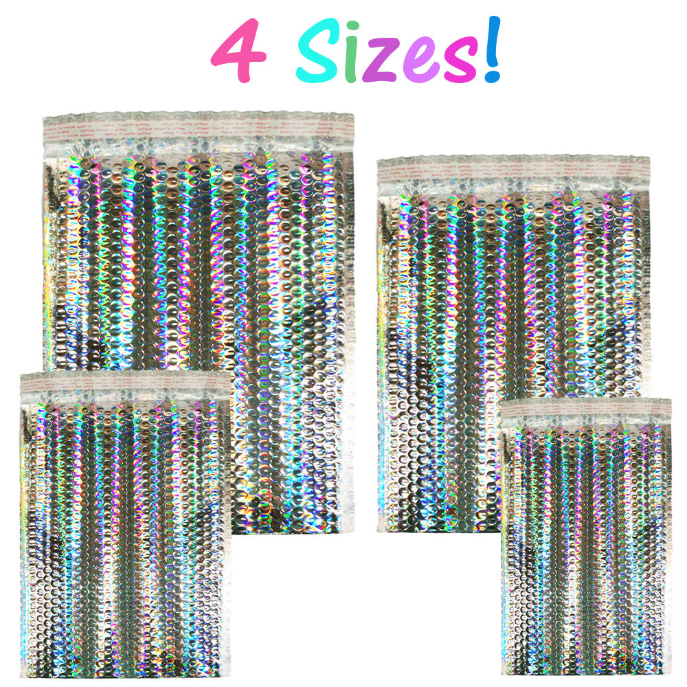 5X9″ 6X10, 8.5X12, 9.5X13″ Holographic Bubble Mailers, Metallic Padded Envelope