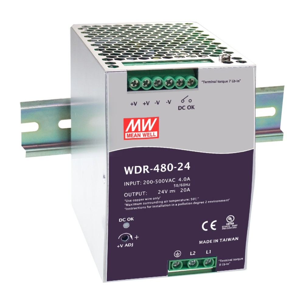 MEAN WELL WDR-480-24 vdc DIN Rail Switching Power Supply Single Output 480 Watt
