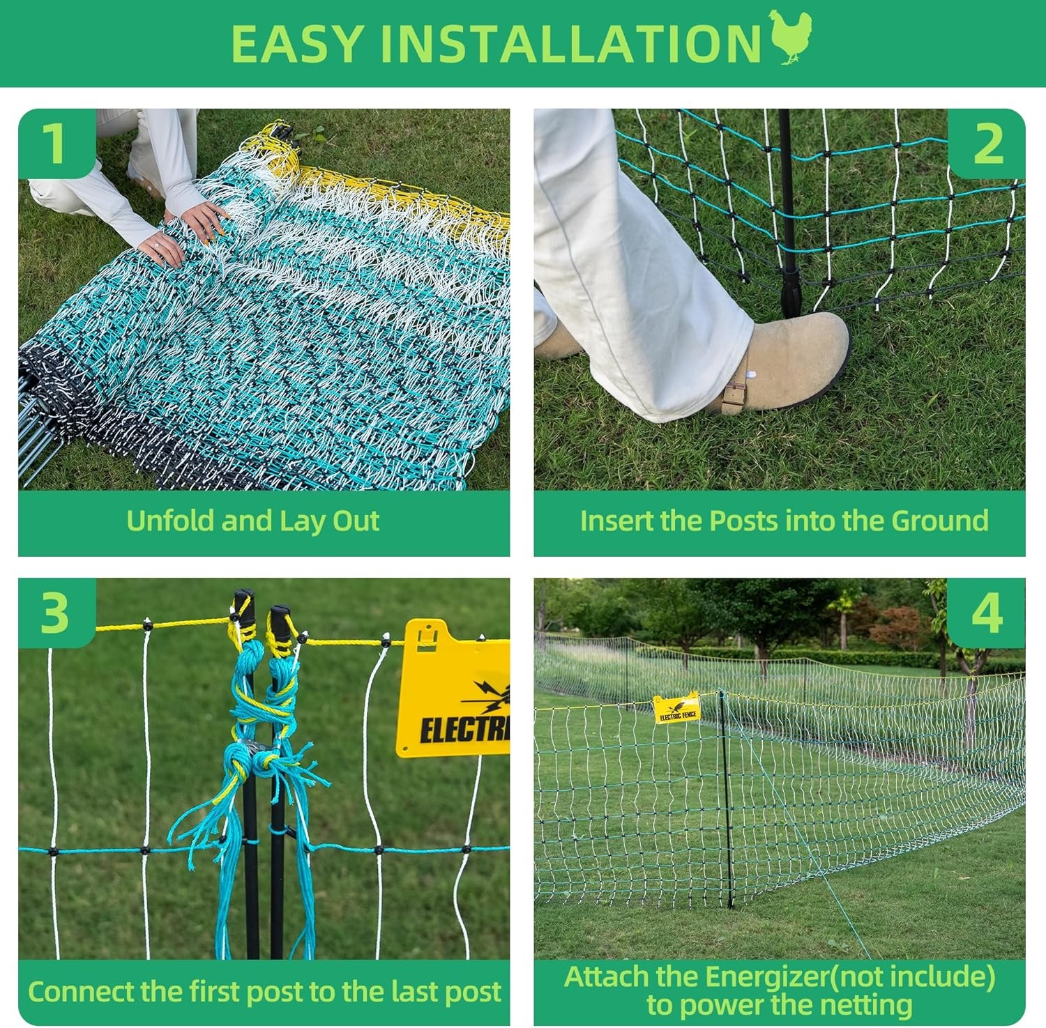 47.5″Hx168’L Portable Electric Poultry Netting Ideal for Farms, Ranches&Gardens