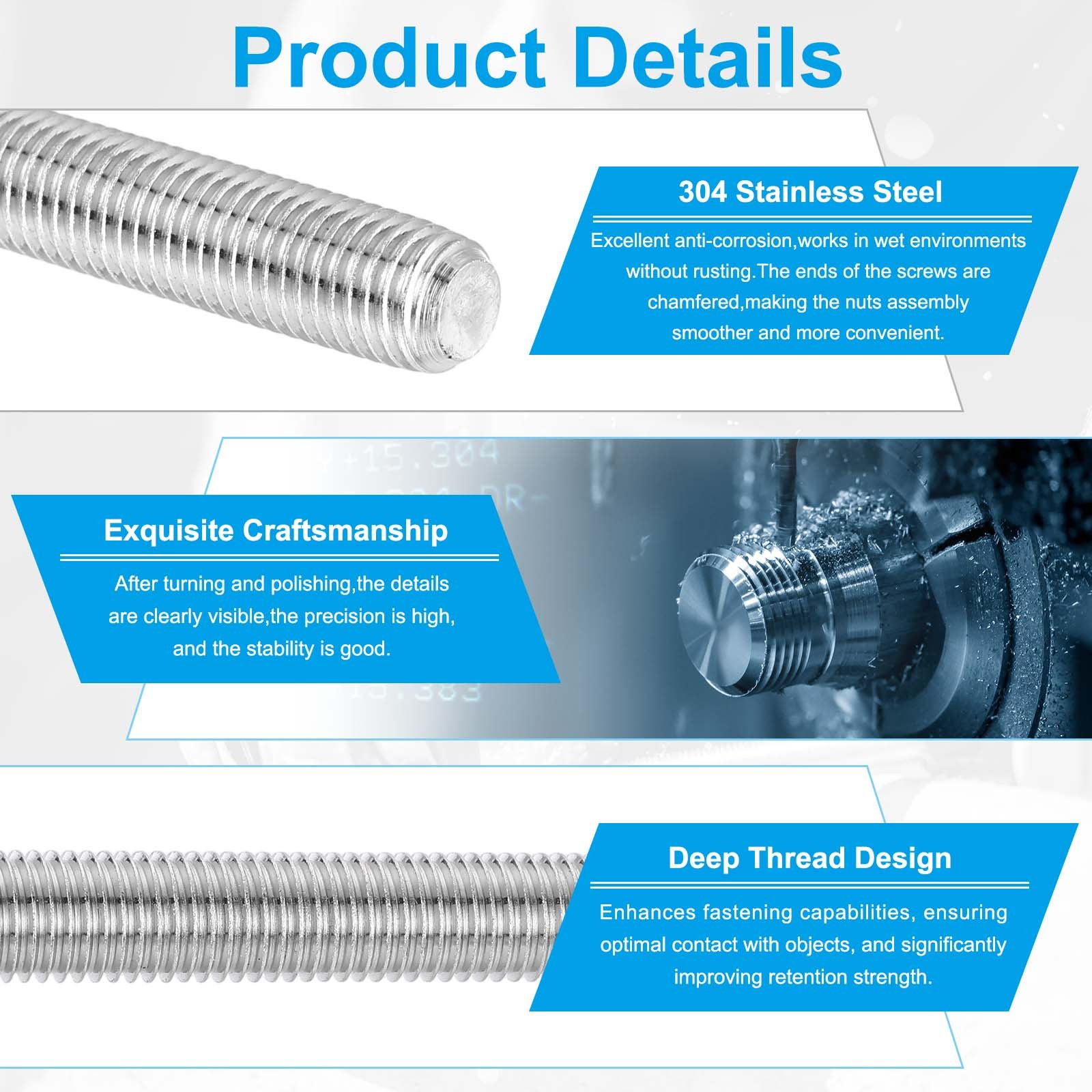 1/4″-20 Fully Threaded Rod, 2Pcs 7.9″ Length 304 Stainless Steel Thread Screw
