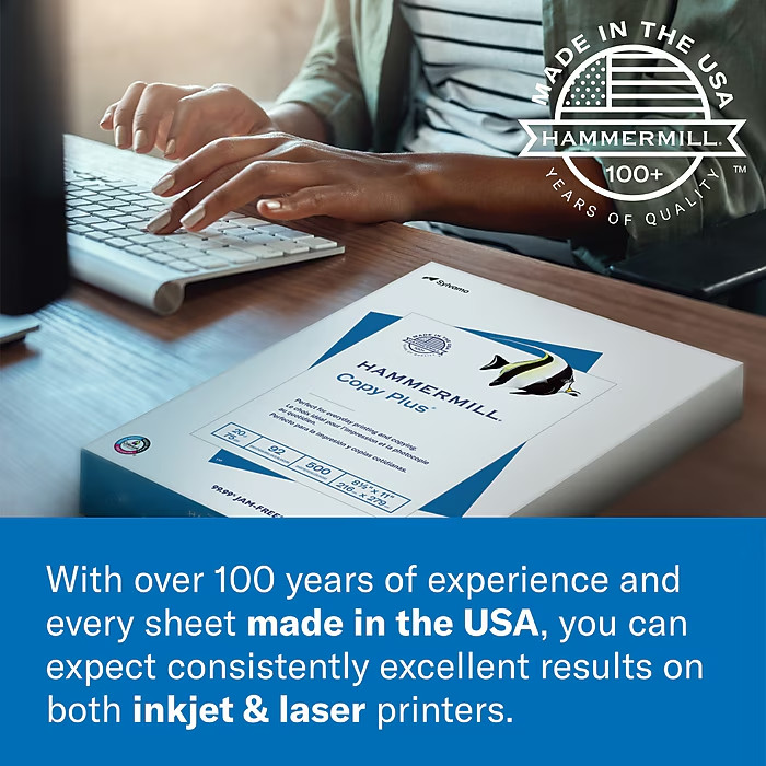 Hammermill Copy Plus 8.5″ x 11″ Copy Paper, 20 lbs., 92 Brightness, 5000 Sheets/
