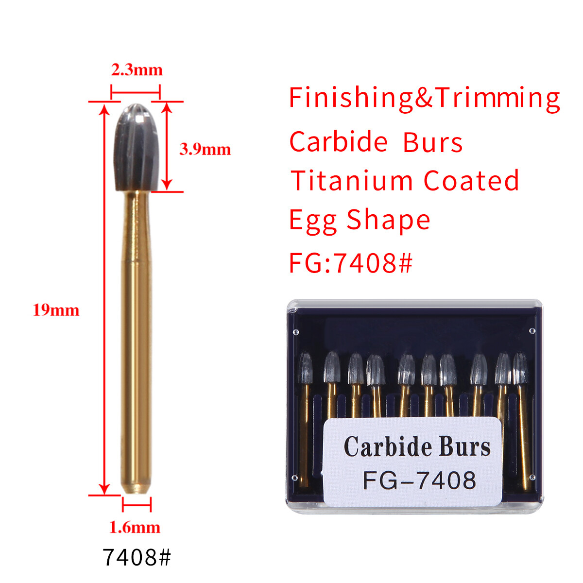 10Pcs Dental Trimming+Finishing Carbide Burs Egg Shape Football Gold FG7408