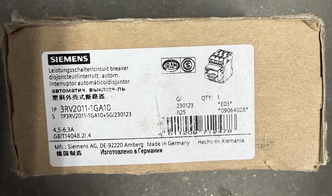 NEW SIEMENS 3RV2011-1GA10 SIRIUS MANUAL MOTOR STARTER 4.5 A – 6.3 AMPS 3P