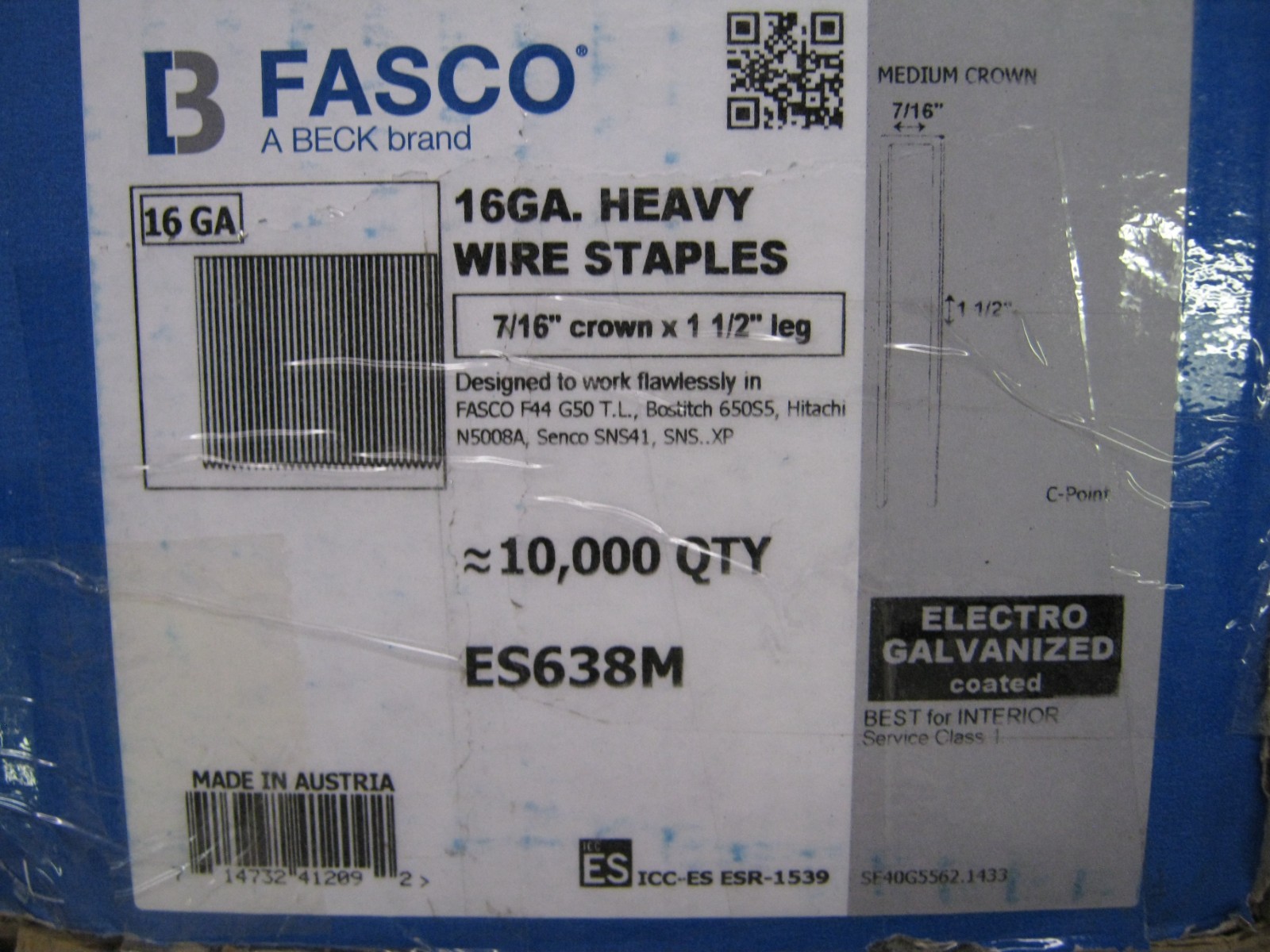 FASCO ES638M 10.000 BOX 7/16″ CROWN-1 1/2″ LENGTH-16 GA HEAVY WIRE STAPLES-BIN 8