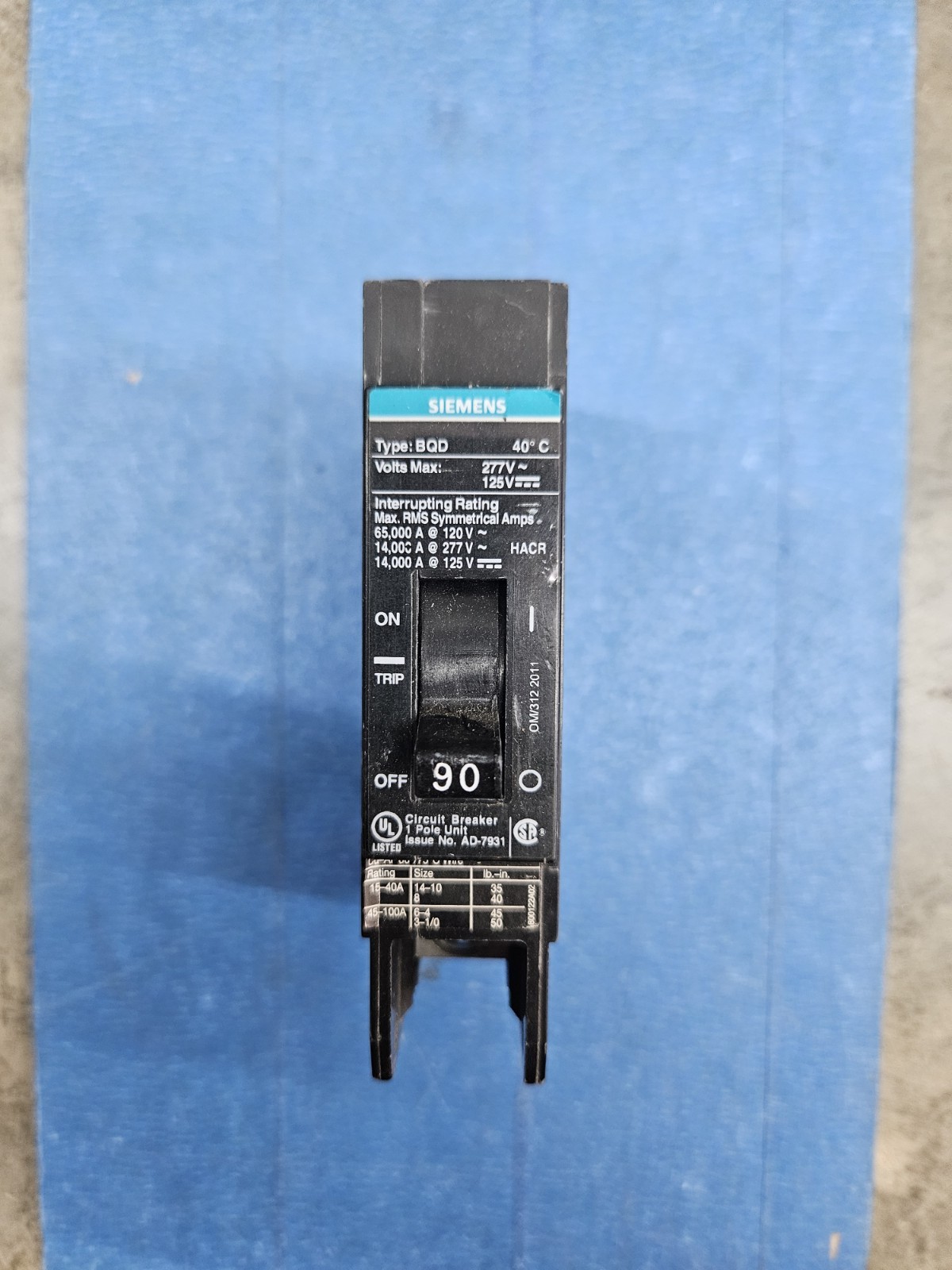 SIEMENS BQD190 Circuit Breaker BQD Series 90A 1 Pole 277V AC