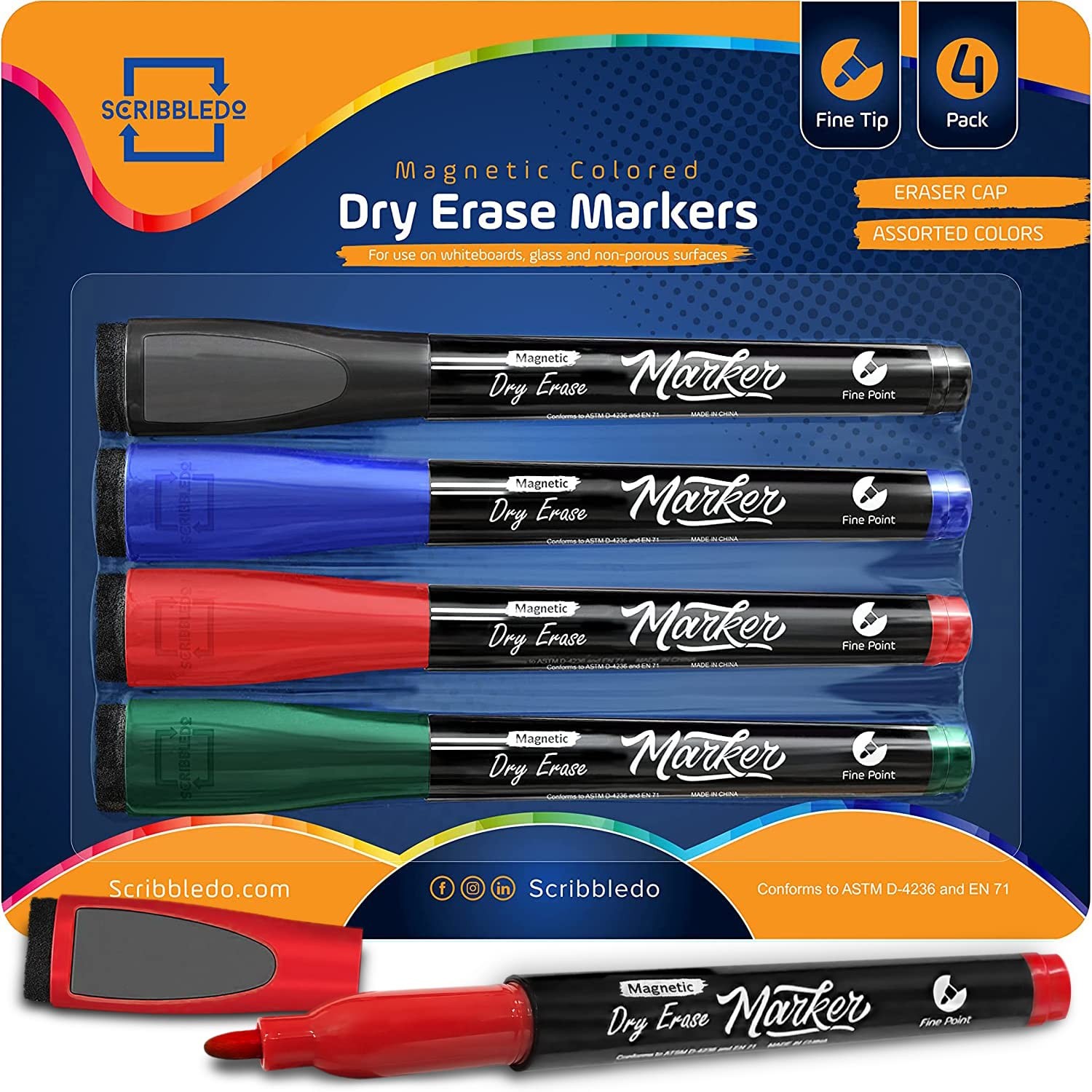 4 Magnetic Dry Erase Markers Fine Tip Assorted Classic Colors Low Odor Whiteb…