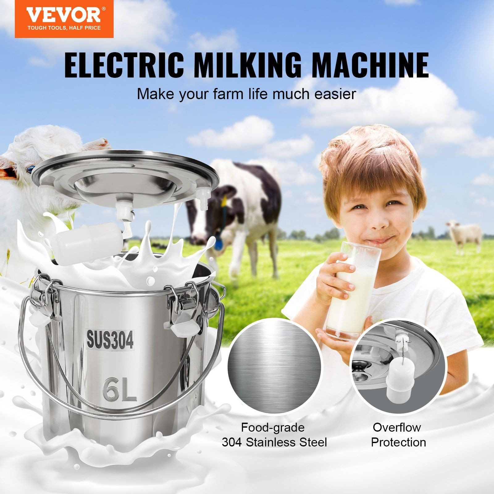 Automatic 6L Goat Milking Machine Electric Vacuum Pulsation 45-50kPa Adjustable