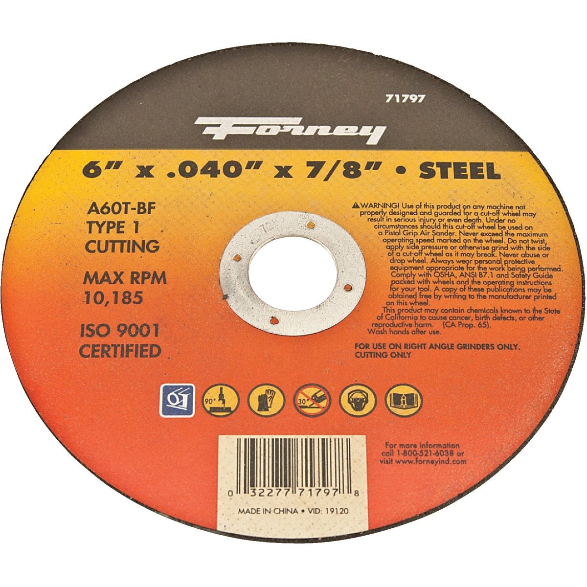 Forney Type 1 6 In. x 0.040 In. x 7/8 In. Steel Cut-Off Wheel 71797 Forney 71797
