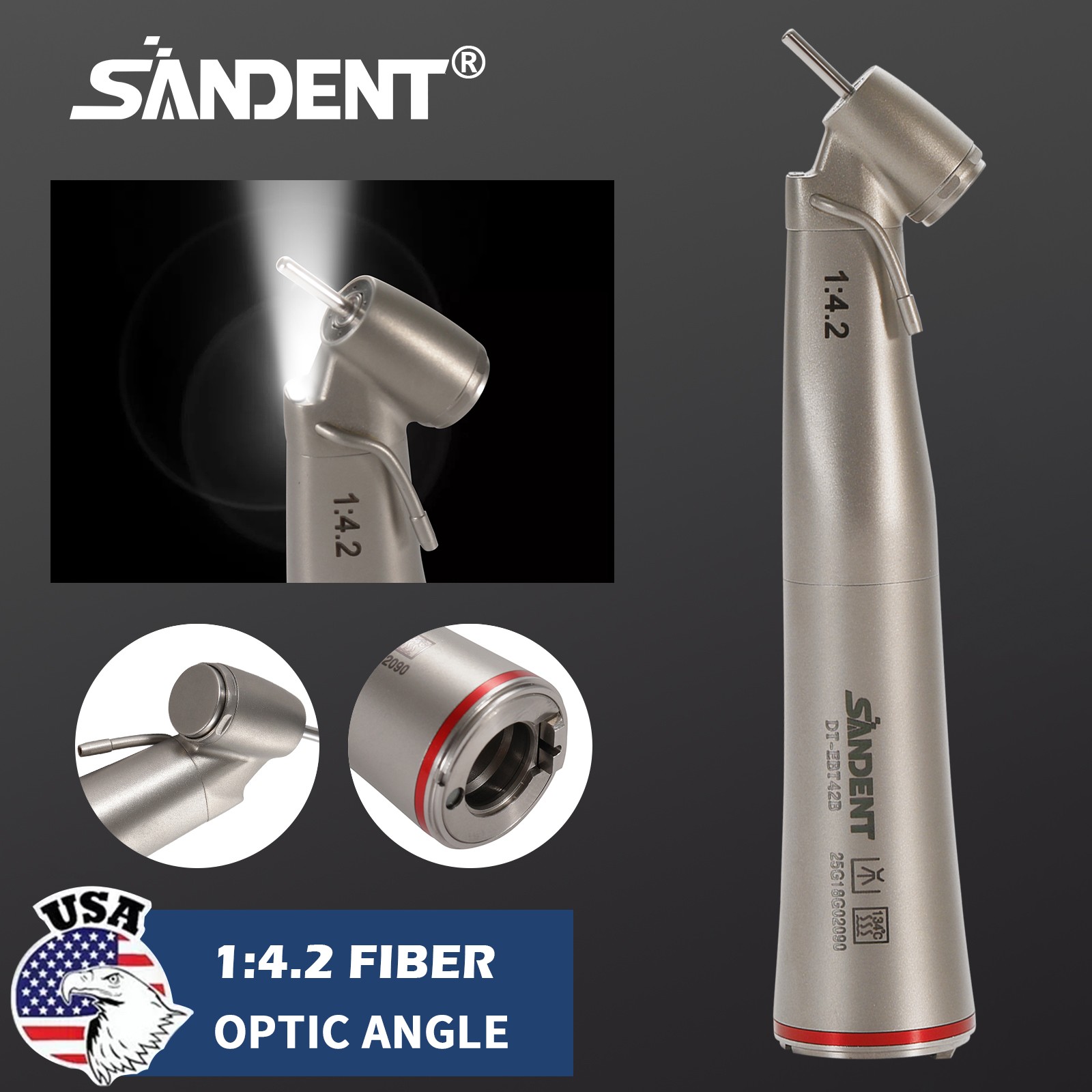 Dental Optic Fiber LED 1:4.2 Increasing Handpiece 45°Angle Head External Channel