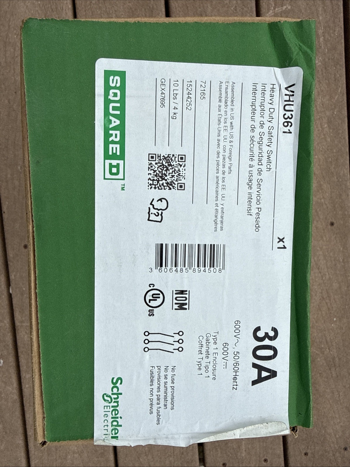Square D VHU361 Heavy Duty Safety Switch 30A 3-Pole 600V