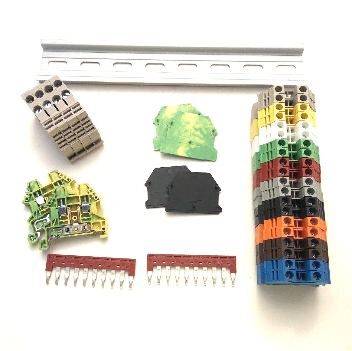 Any Color DIN Rail Terminal Block Kit Dinkle 20 DK4N 10AWG 30A 600V Gnd Jumper