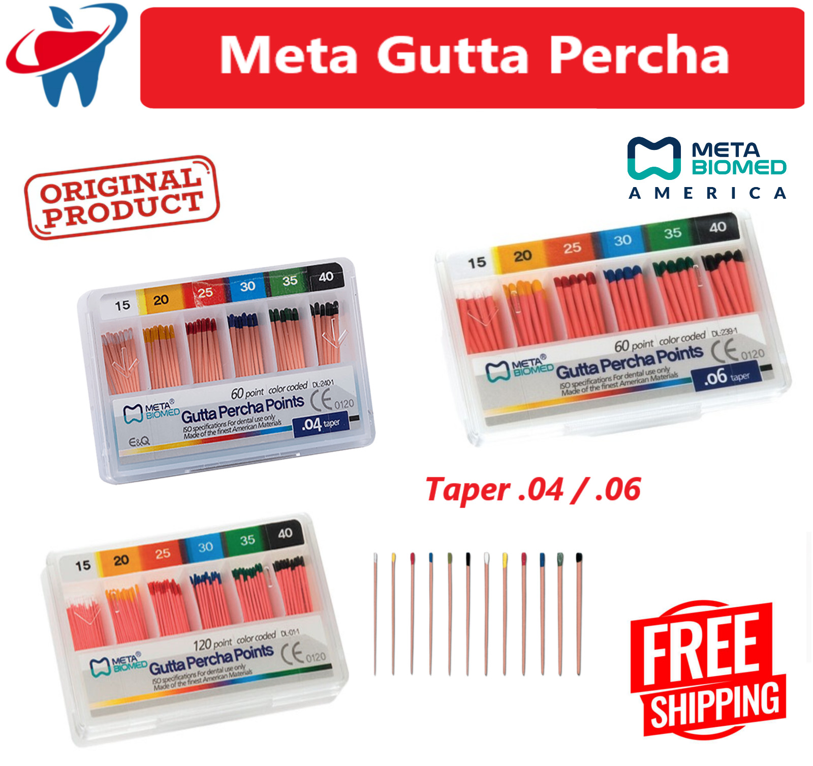 Gutta Percha Points Taper 0.4 / 0.6 /Standart, All Sizes Dental Endo Meta Biomed