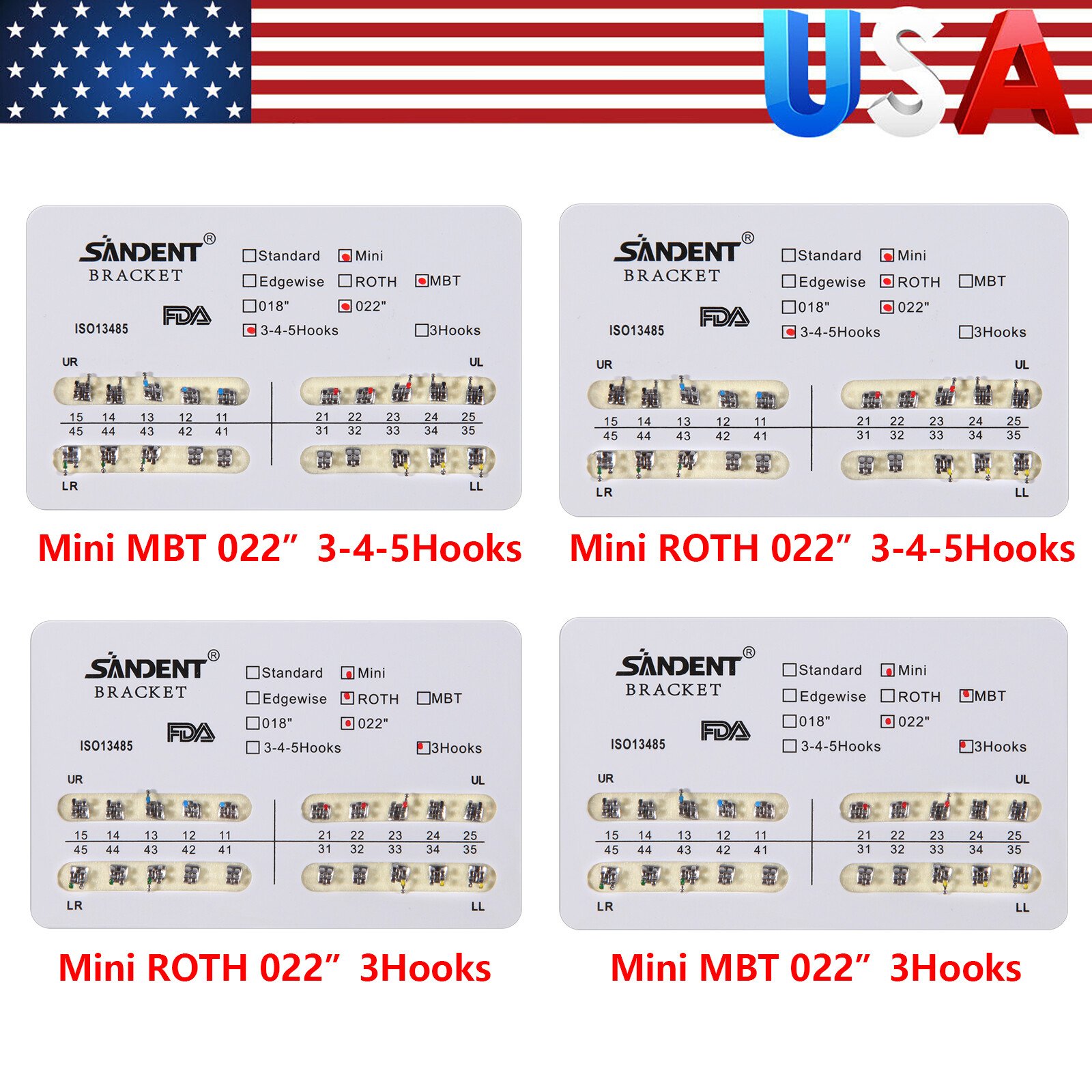 Dental Orthodontic Metal Brackets Braces Mini Standard Roth MBT 022 345 Hooks SA
