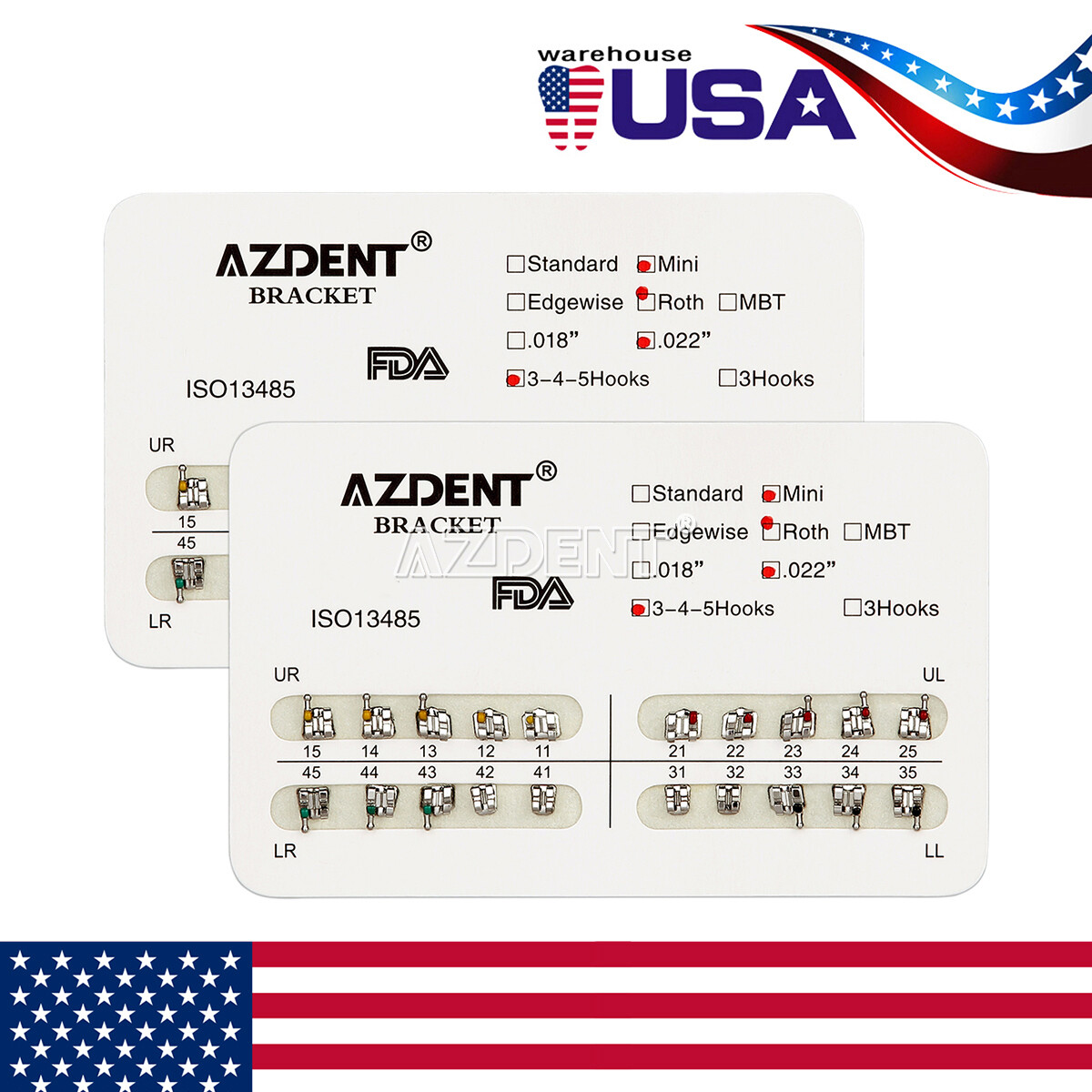 AZDENT Dental Orthodontic Brackets Braces Metal Mini Roth.022 Hooks 3 4 5 FDA