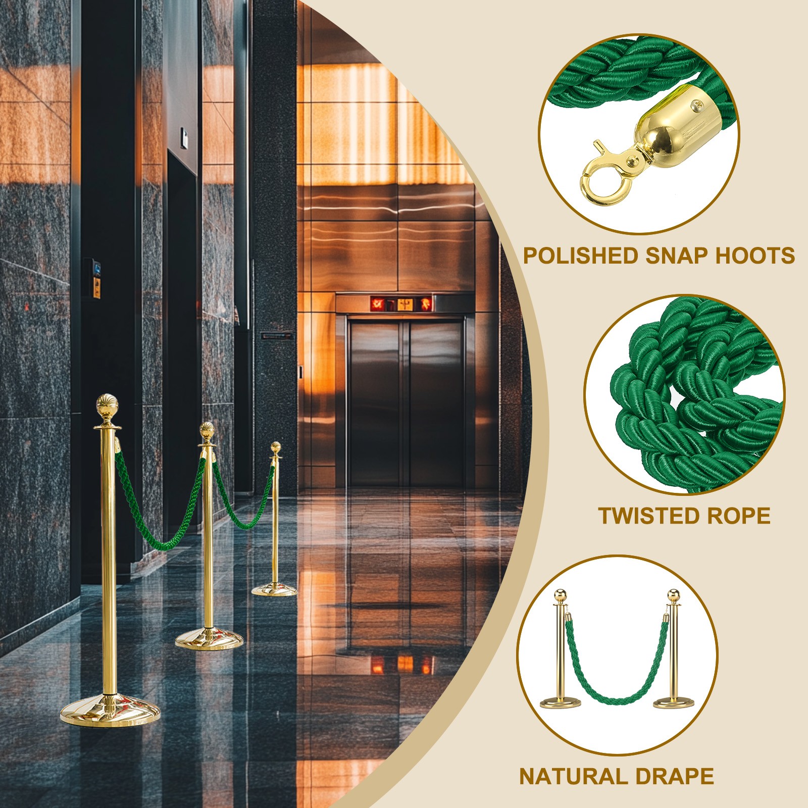 6.6 Ft/2 m Twisted Stanchion Rope Barrier Rope with Hooks Green Golden
