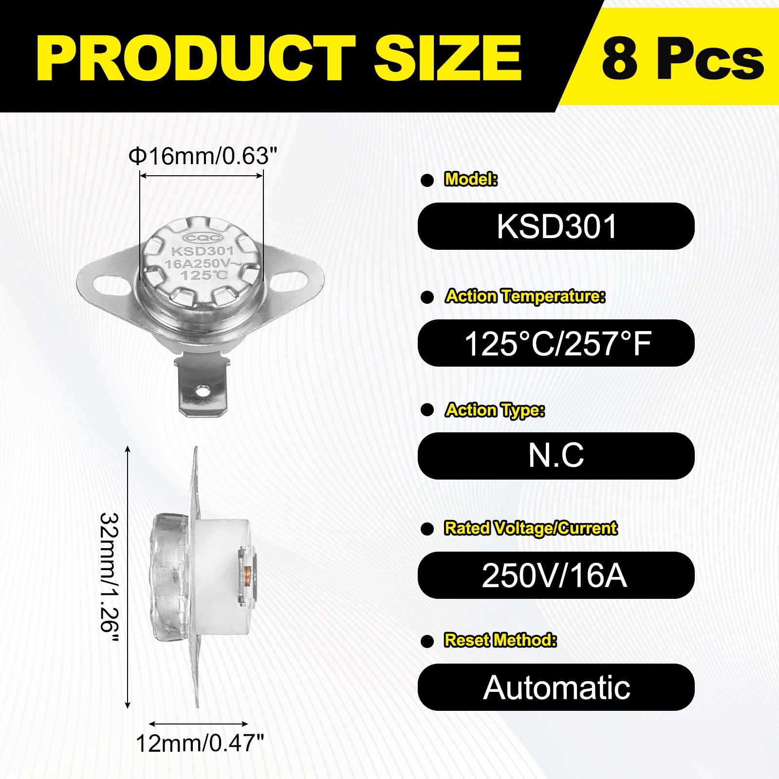8Pcs KSD301 Thermostat 125°C/257°F 16A 250V Normally Closed N.C Switch, Ceramic