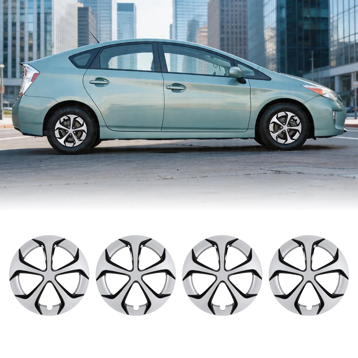 15 Inch Hubcaps for Prius 2010-2015 Alloy Wheel Set of 4 ABS+PC Silver Black
