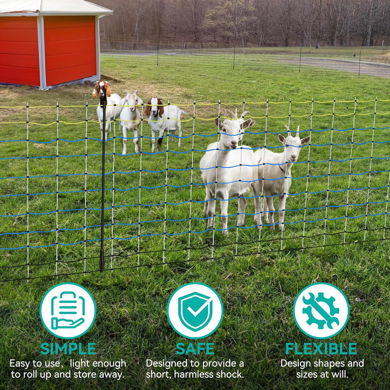 Portable Electric Netting Fence Kit Goats Fencing 35″H x 164’L with Posts Spikes