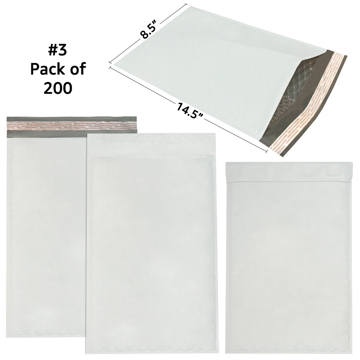 UOFFICE 200 Poly Bubble Mailer Bags 8.5×14.5″ #3 Pouches Envelopes White Self-Se
