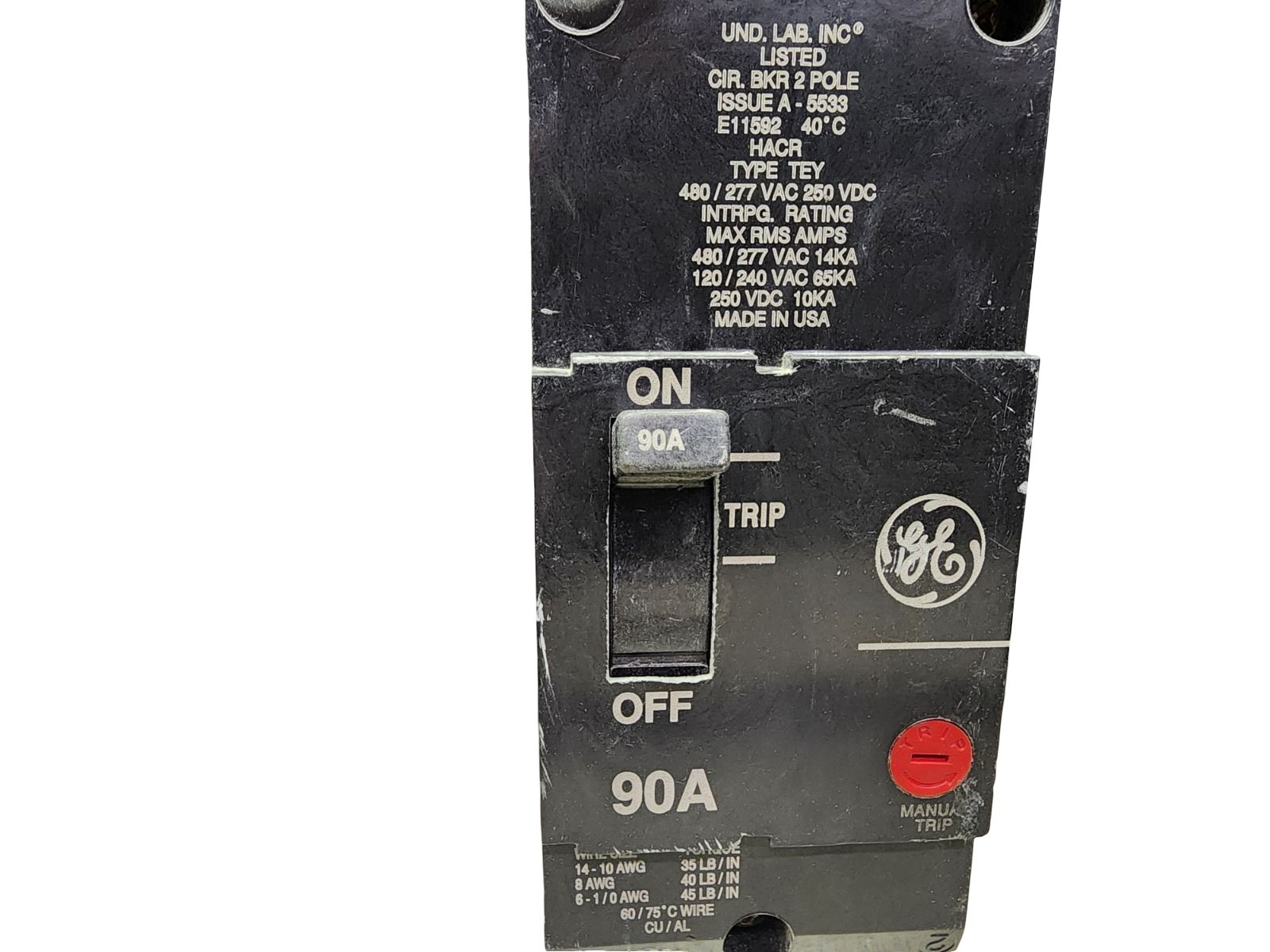 GE TEY290 Breaker 90A 2‑Pole 480/277V 14kA Type TEY Manual Trip