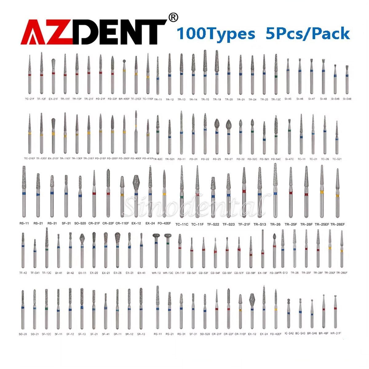 AZDENT 100Type Dental Diamond Burs FG Drill F High Speed Handpiece 1.6mm 5pc/PK