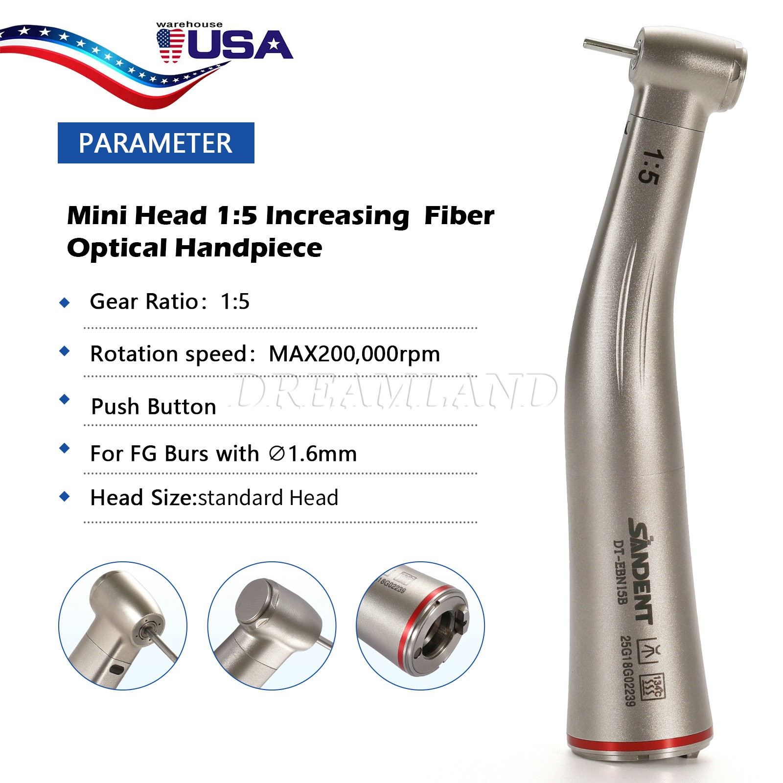 Dental 1:5 Increasing Contra Angle FG1.6mm LED Fiber Optic Handpiece SANDENT USA