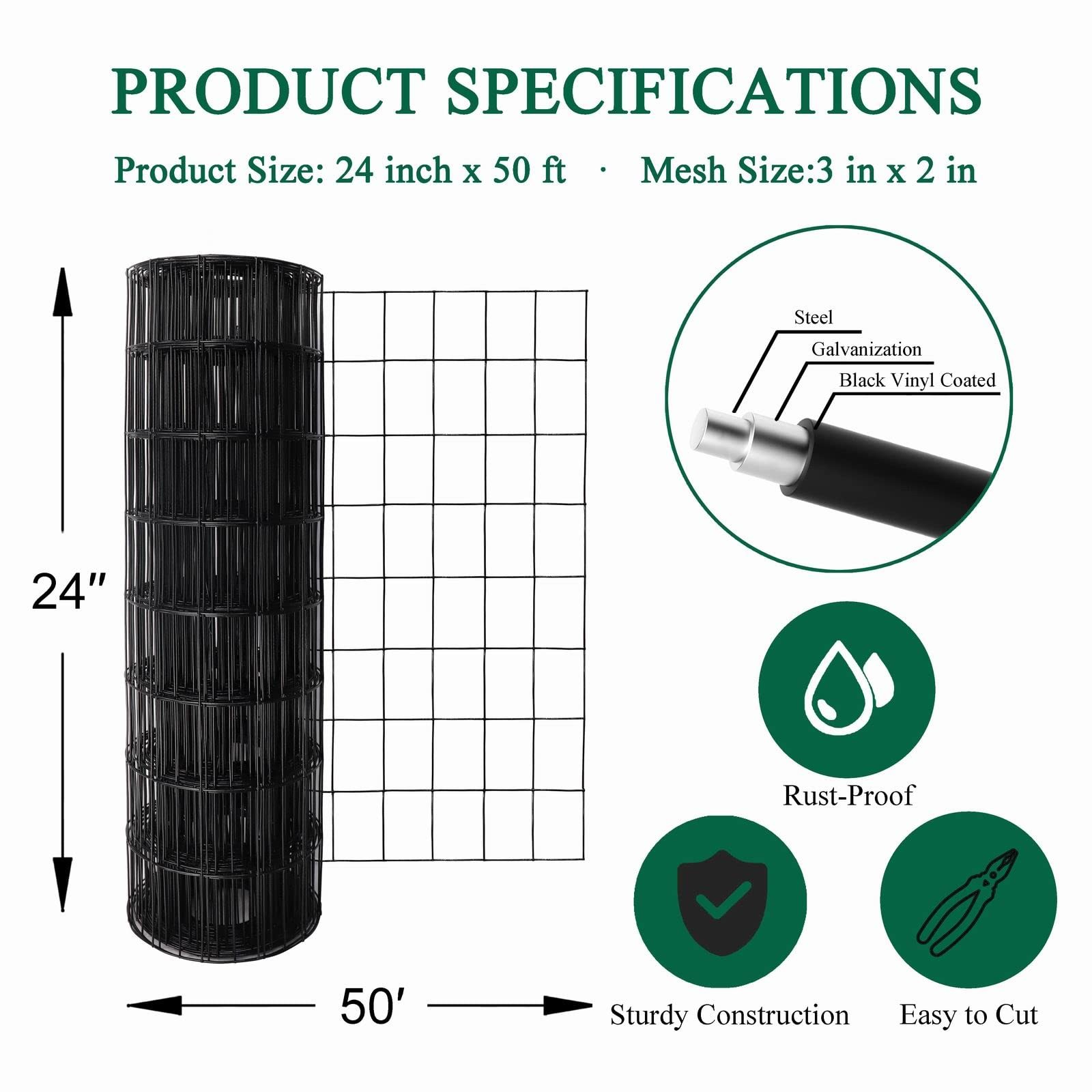 Black PVC Coated Welded Wire Fence 24 Inch x 50 Foot, 2 Inch x 3 Inch 16GA, G…