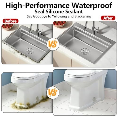 100% Waterproof Silicone Caulk for Kitchen & Bathroom, 10 oz Cartridge, 24 Pack,