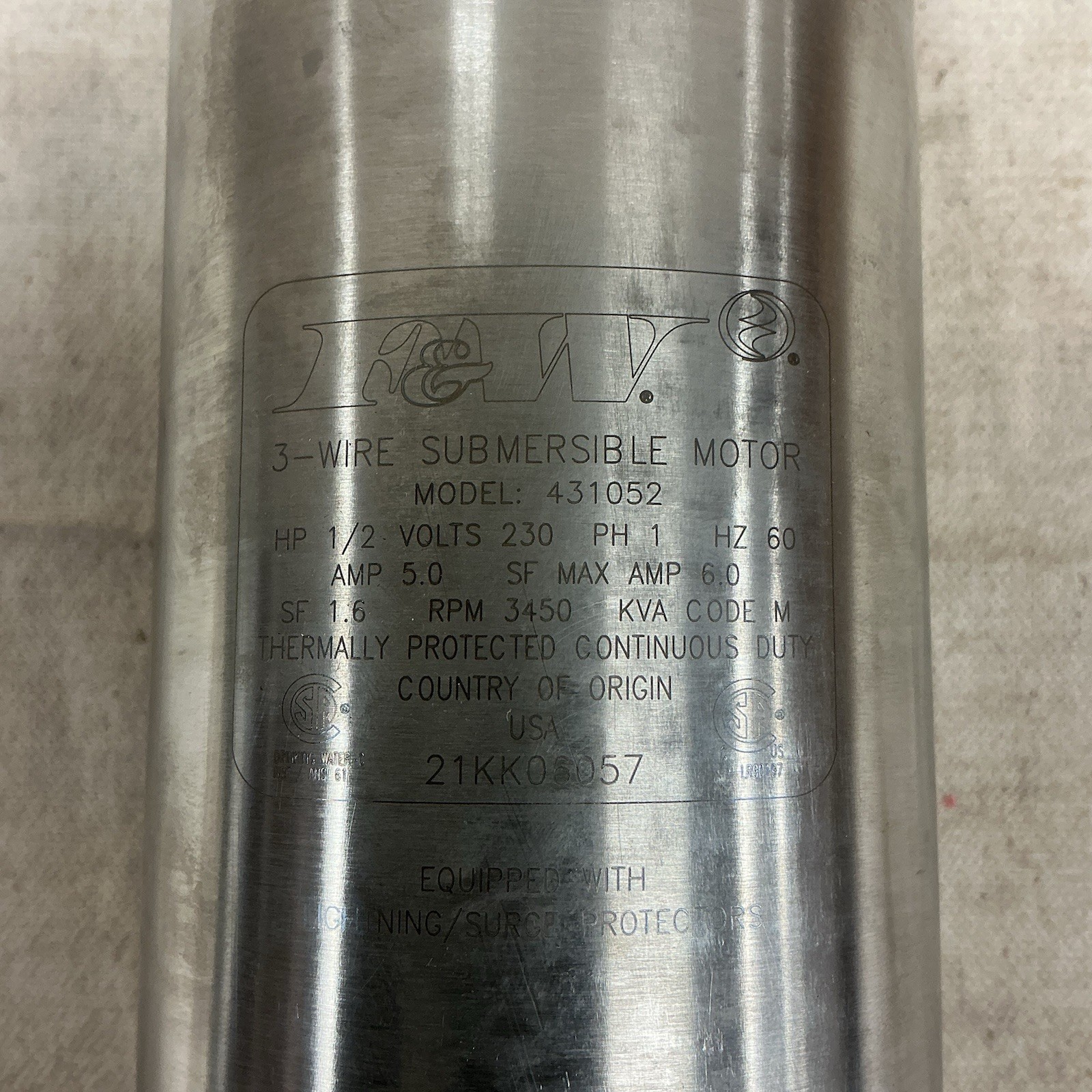 FLINT & WALLING 137428 Deep Well Submersible Pump Motor 1/2hp 3450rpm 230V