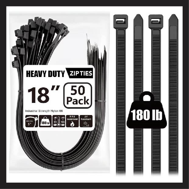 50 PACK! 18″ Heavy Duty Zip Cable Ties, 180lbs, Fencing Fence Garden Tree Wraps