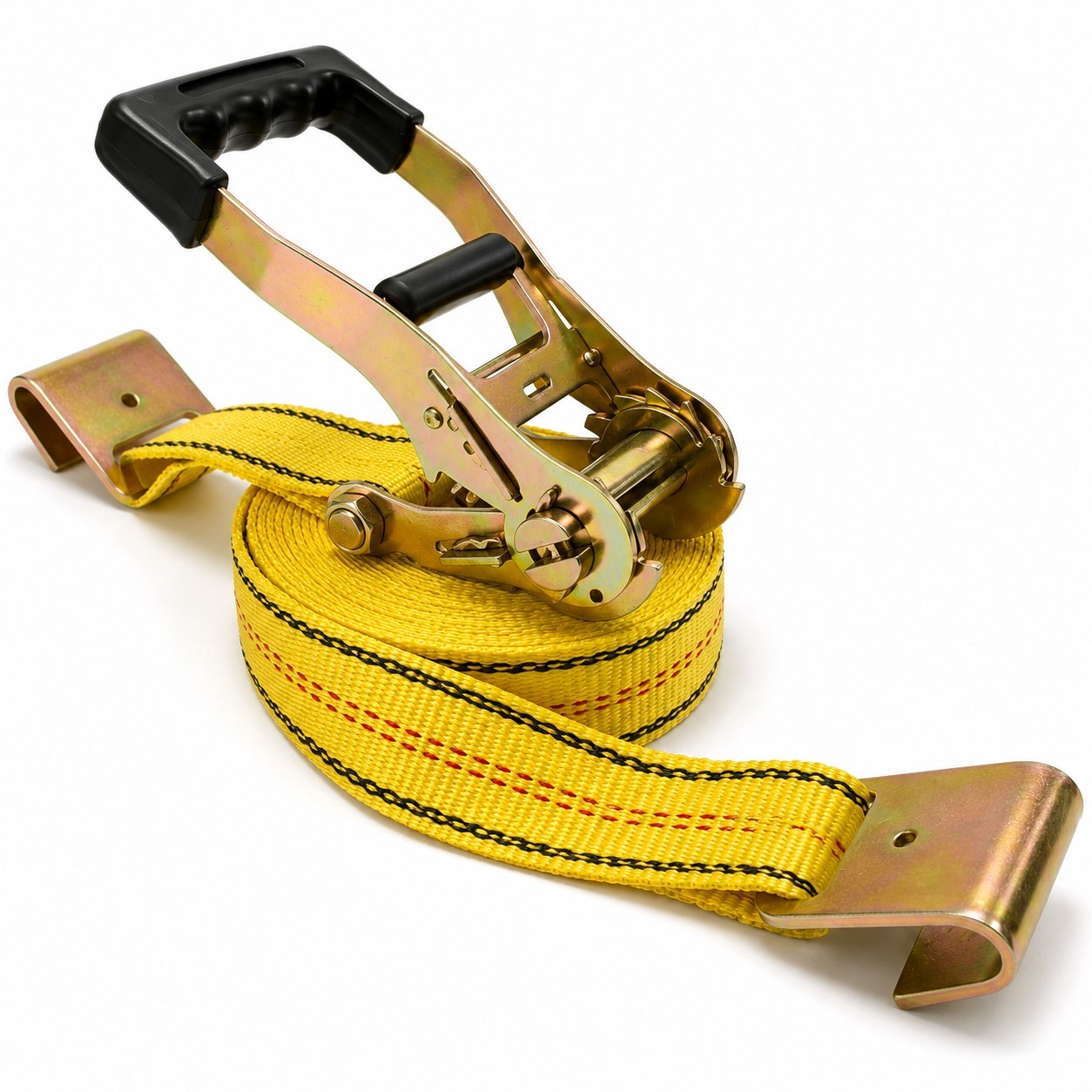 B1310781 27′ X 2″ Ratchet, Yellow Webbing, Large Bar Handle, Flat Hooks, Cut Cas