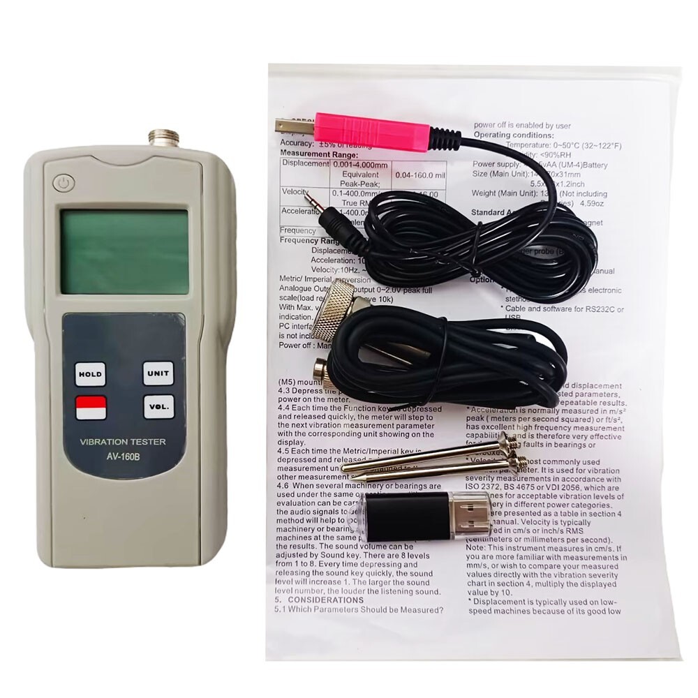 Handheld Vibration Analyzer with Velocity 0.1-400.0 mm/s Software and USB Cable