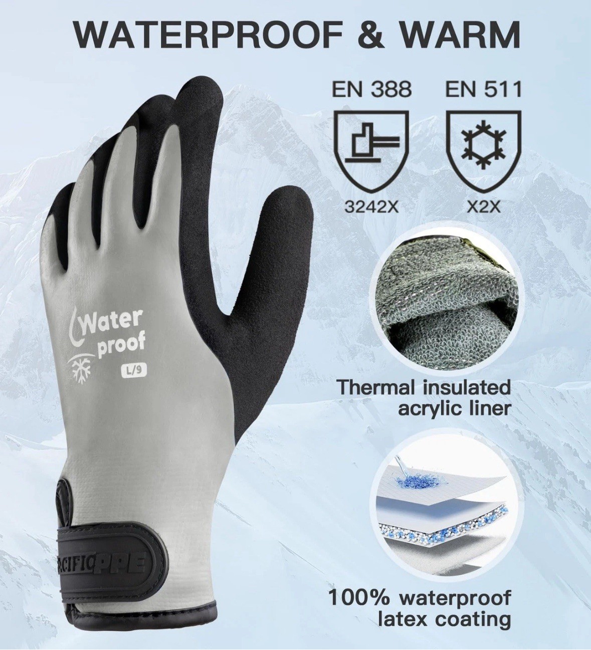 100% Waterproof Gloves Men and Women, Winter Work Gloves Cold Weather Large, NIB