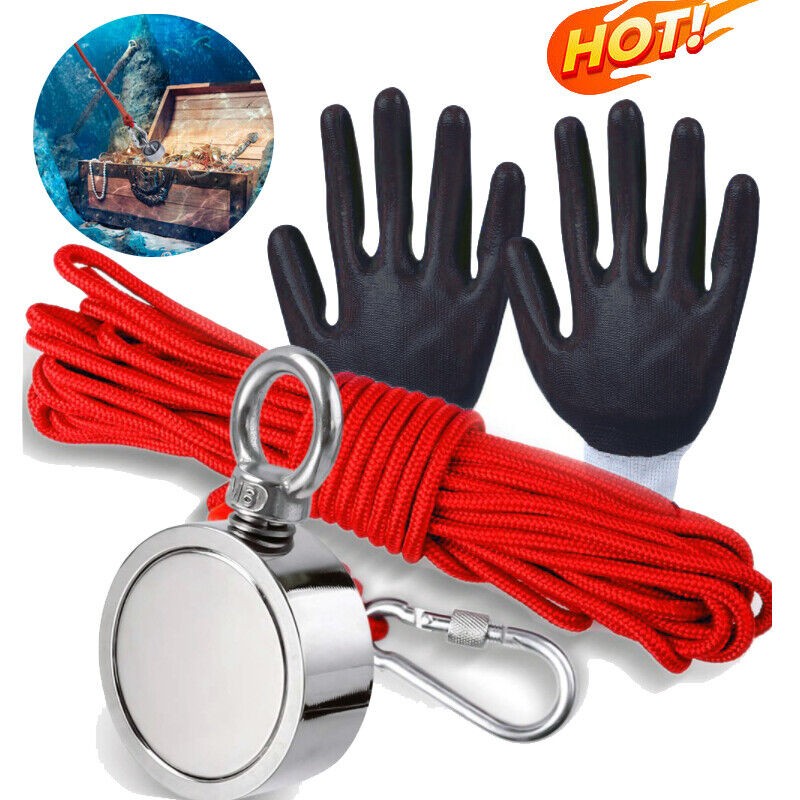 600-2200 LBS Fishing Magnet Kit Pull Force Strong Neodymium Rope Carabiner Set