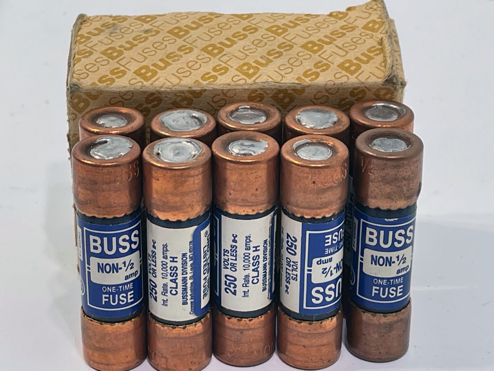 Box of 10 each Bussmann NON-1/2 0.5A Amp 250V Fuses Class H