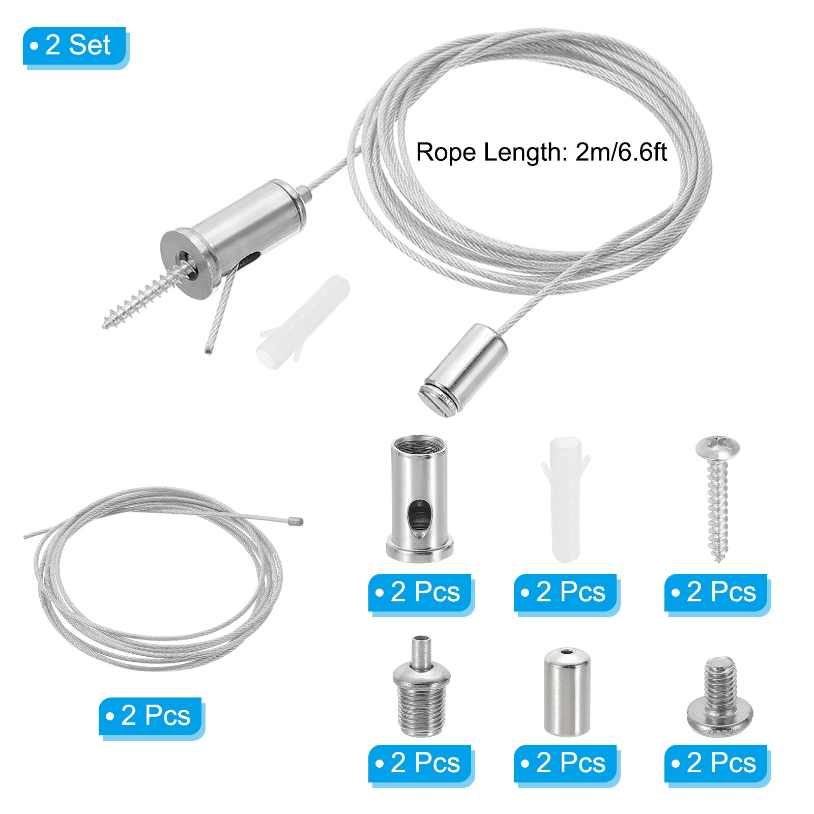 2m/6.6ft 2 Set Ceiling Hanging Wire Cable Kit with Slotted Round Nail, Style 1