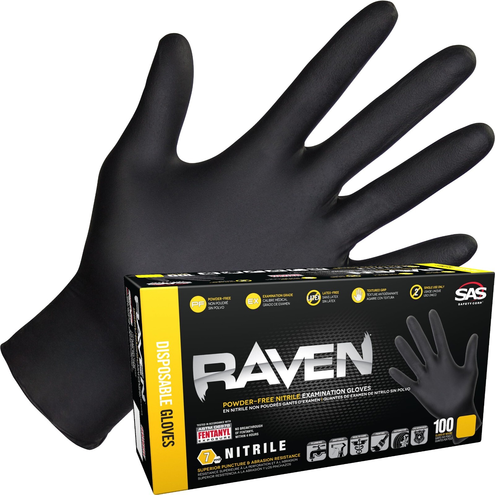 SAS Raven Black Nitrile Gloves Powder Free 7mil (10/Boxes of 100) (Medium)