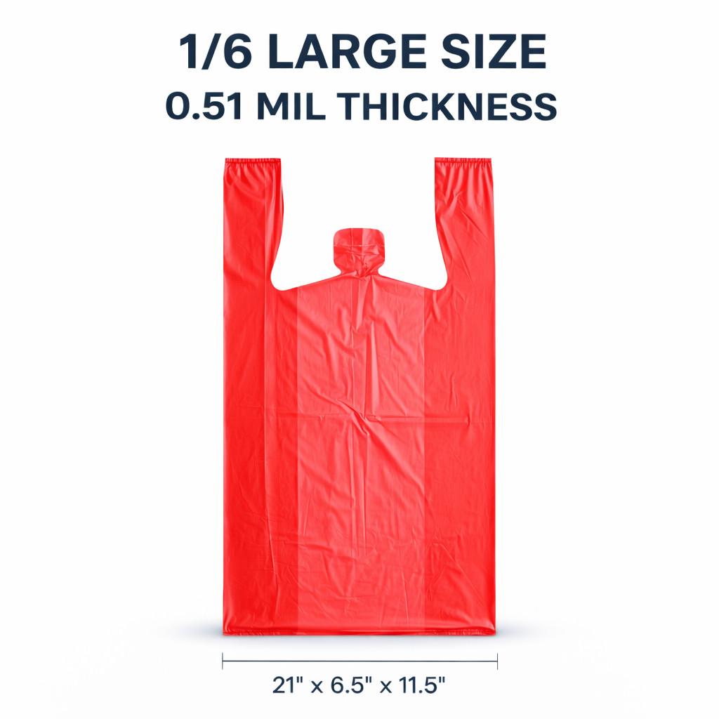 1/6 Large Red T-Shirt Bags 0.51 Mil 21×11.5×6.5 Plastic Grocery Retail Bulk