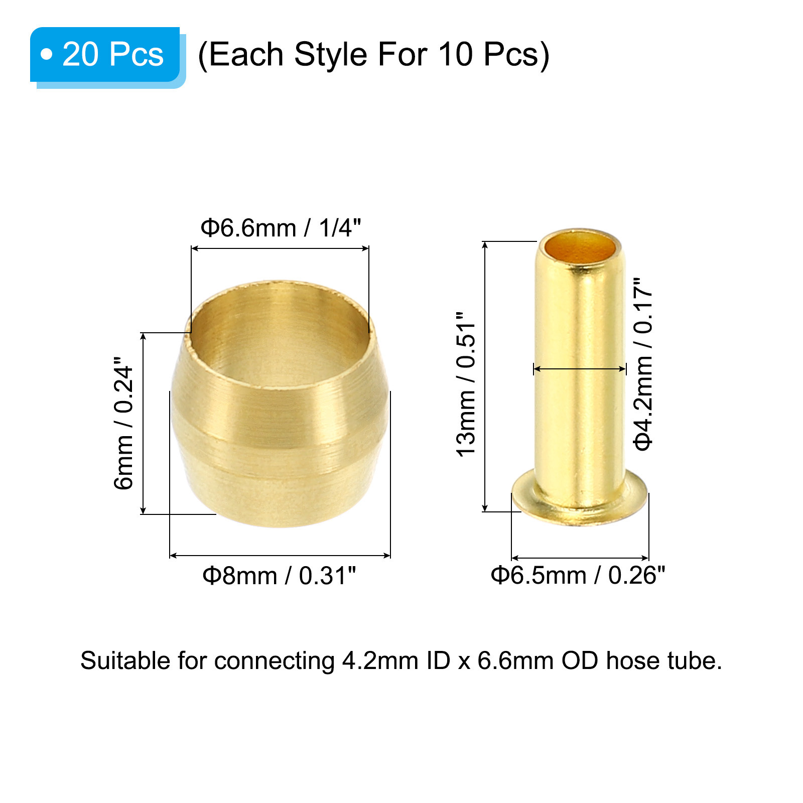 20 Pcs Brass Compression Sleeves Ferrules for 1/4″ OD Hose Tube