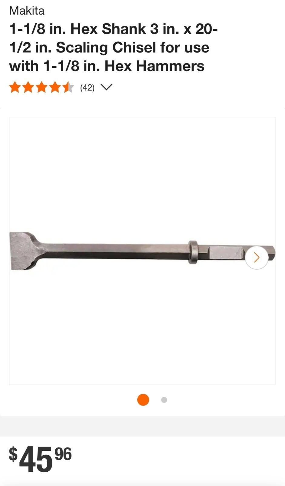 Makia D-21347: 1-1/8 in. Hex Shank 3 in. x 20-1/2 in. Scaling Chisel.