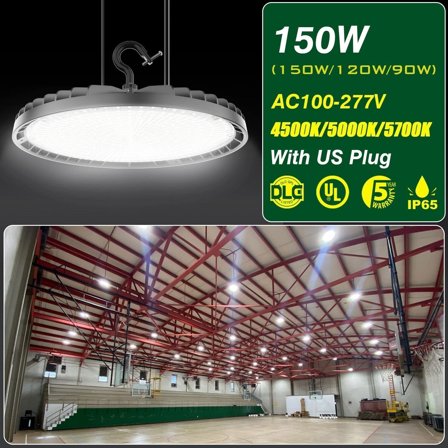 US Plug 150W 4500K-5000K LED High Bay Light UFO Warehouse Work Shop Lamp Fixture