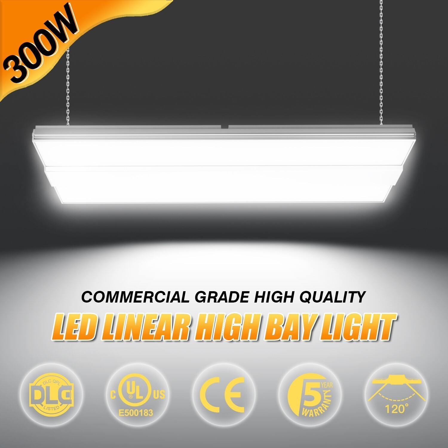 300W LED Linear High Bay Light Warehouse Factory Ceiling Fixtures Dimmable 5000K