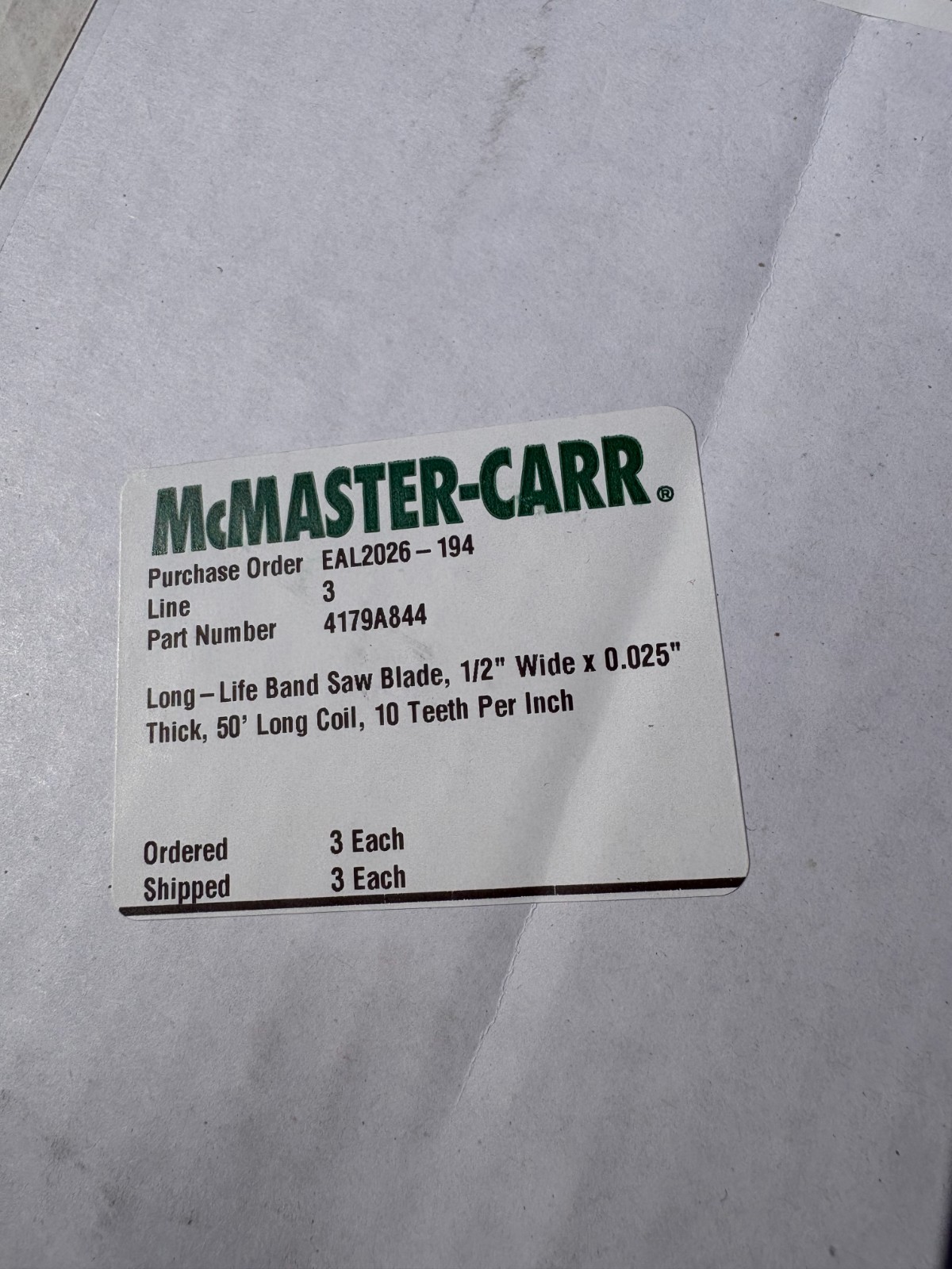 McMaster-Carr Band Saw Blade #4179A844 BI-METAL M42 1/2″ X.025 X 10T RAKER 4-50
