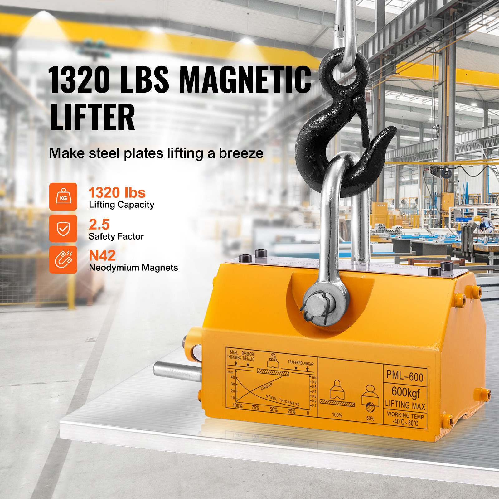 VEVOR Permanent Magnetic Lifter Lifting Magnet 1320 lbs/600 kg Neodymium Hoist
