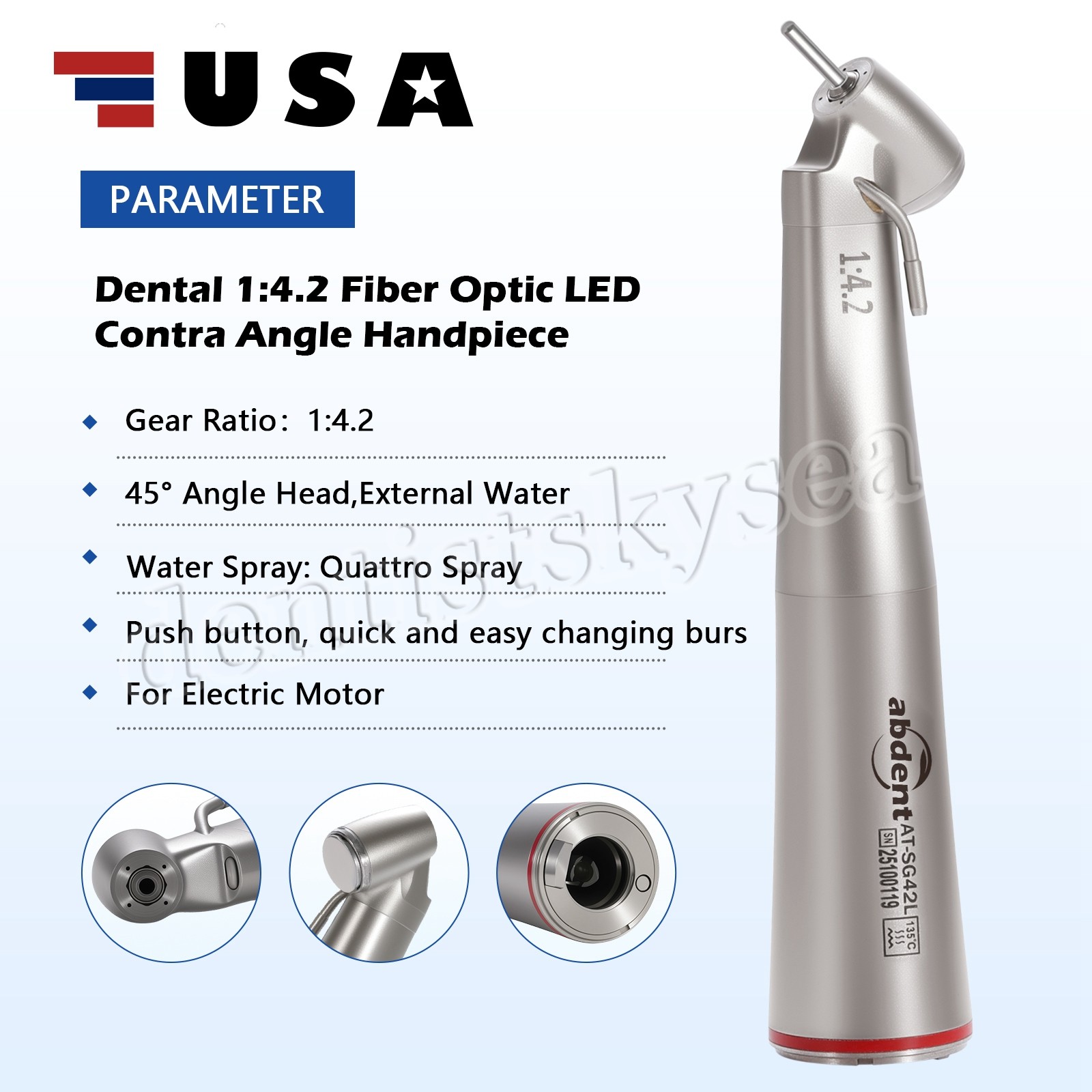 Abdent Dental 1:4.2 45 Degree Angle LED Fiber Optic Contra Angle External Water