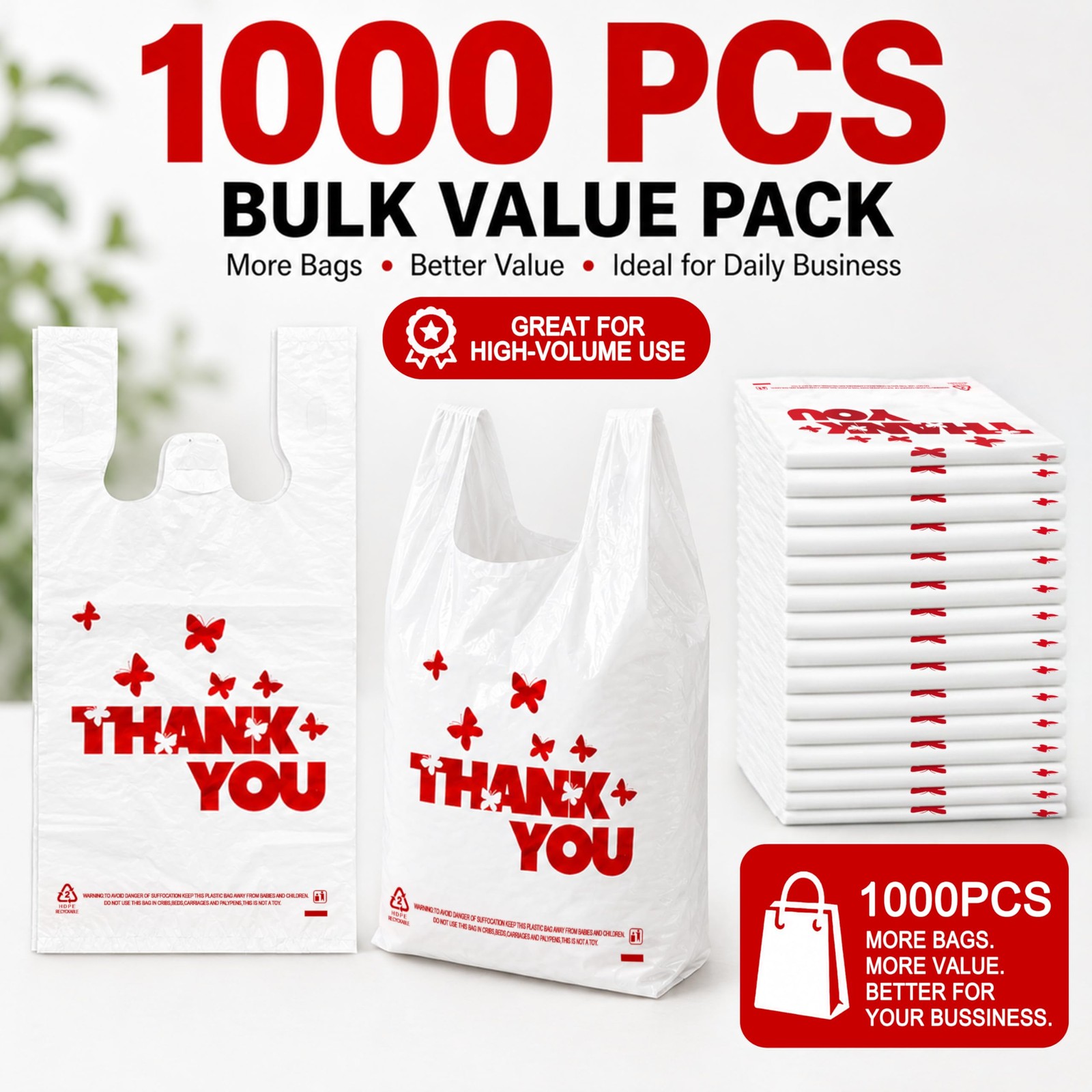 YoYoRain 1000 Pack White Thank You T-Shirt Bags with Handles, 11″x6″x21″ Dura…